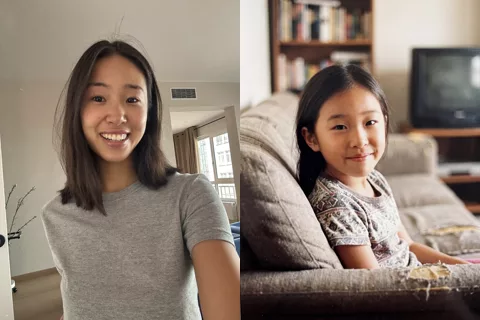 The two source photos: an adult selfie and a childhood snapshot