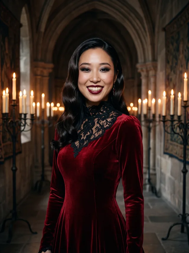 A smiling woman dressed as a vampire queen in a red velvet gown with a black lace collar, in a candlelit stone castle hall