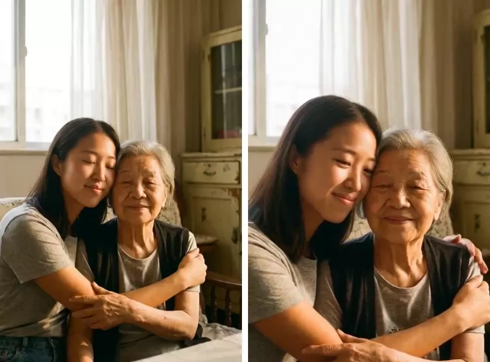 First and last frames of a hug clip between a young woman and her grandmother; the grandmother's face is unchanged, the younger woman's face has changed by the end
