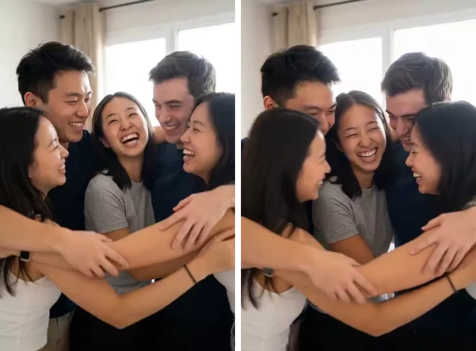 First and last frames of a five-person group hug clip, with the two men at the back partly hidden by the end