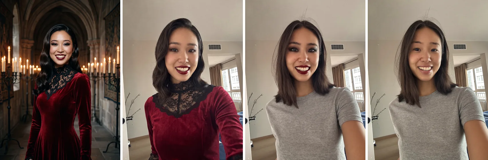 Four slides left to right: a woman as a vampire queen in a red velvet gown in a candlelit castle hall; the same costume in her apartment; only dark lipstick and smoky eyes with her grey T-shirt; the original selfie
