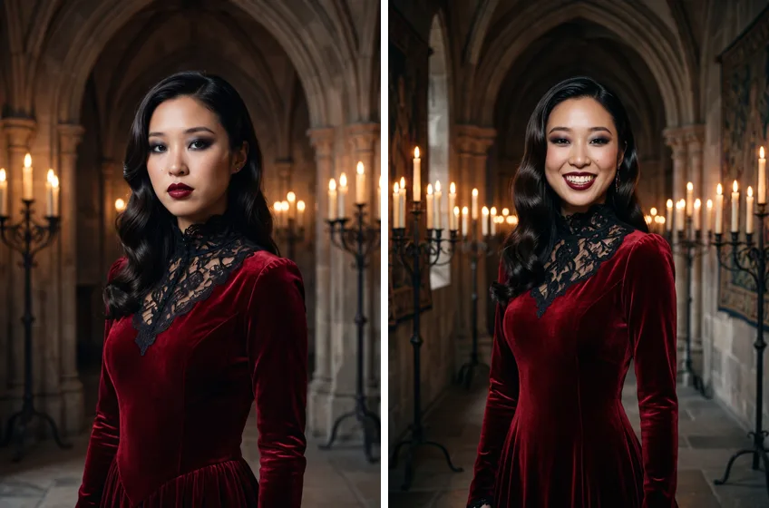 Two versions of the vampire queen slide: on the left a closed-mouth, serious expression; on the right a wide smile
