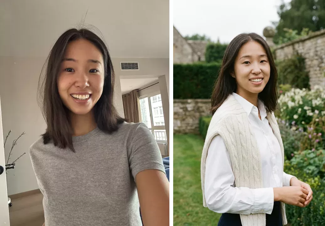 A casual selfie in an apartment next to the edited result: the same woman in a white shirt and cream sweater in a stone-walled garden