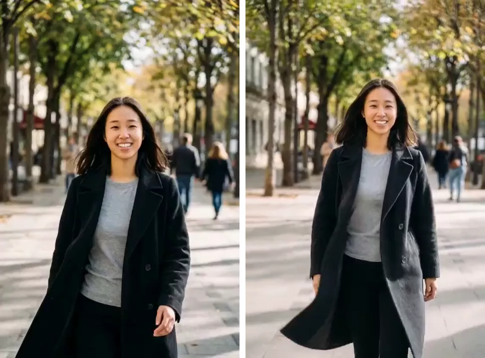First and last frames of a walking clip: the coat is black throughout at the start, and part of the lower front panel has turned grey by the end