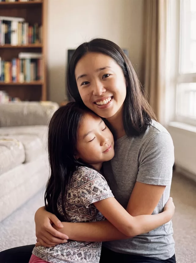 The two photos combined into one image of the adult holding her younger self