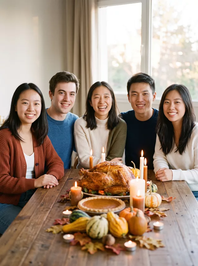 Five friends seated in a row behind a candlelit table with a roast turkey and a pumpkin pie, all smiling at the camera